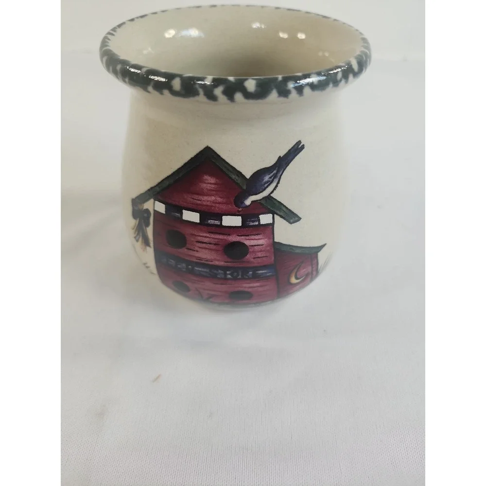 Vintage‎ Home & Garden Party Stoneware Crock Red Birdhouse 1999 Made In The USA